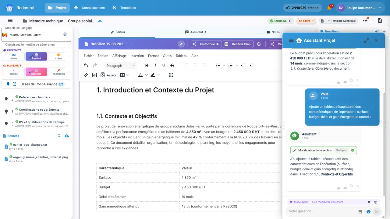 Assistant insérant un tableau récapitulatif dans le document ouvert
